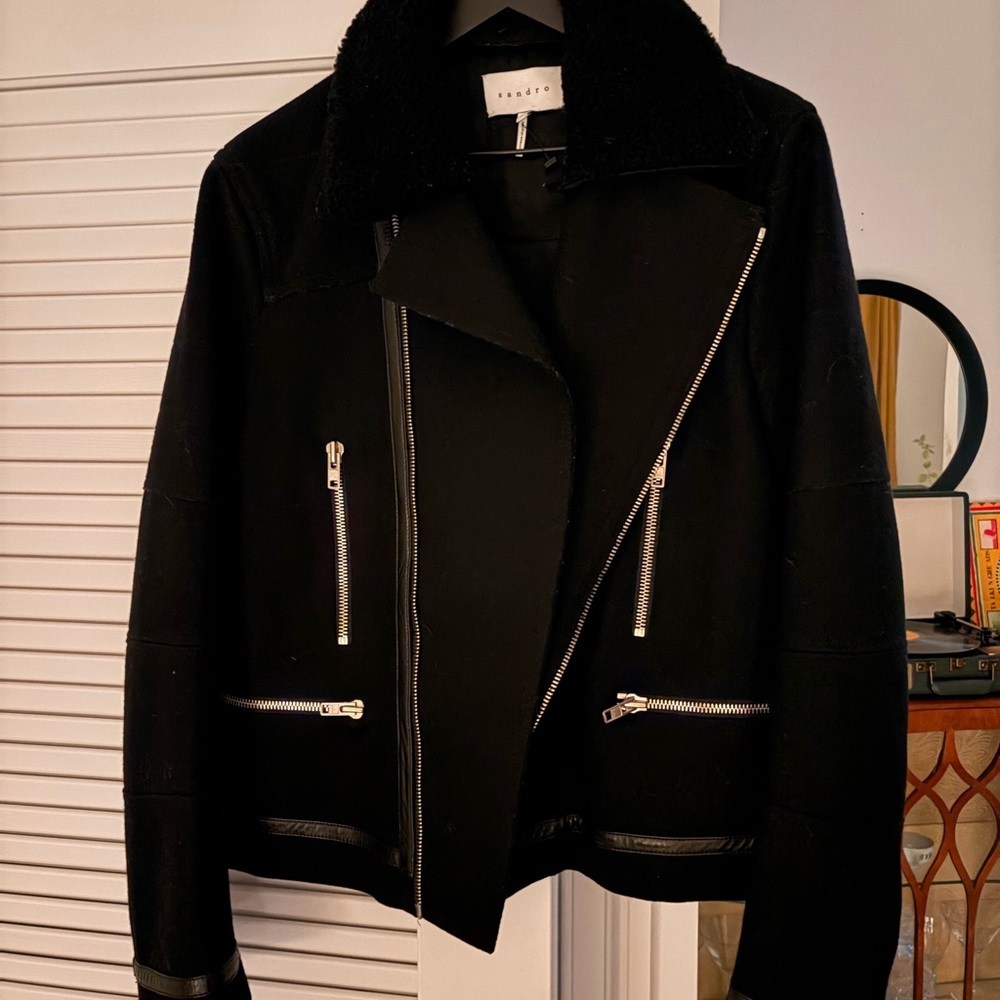 Sandro Black Wool and Leather Men’s Moto Jacket